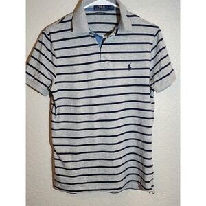 Ralph Lauren Men's Polo Shirt Size Medium M Gray Navy Blue Stripe Short Sleeve
